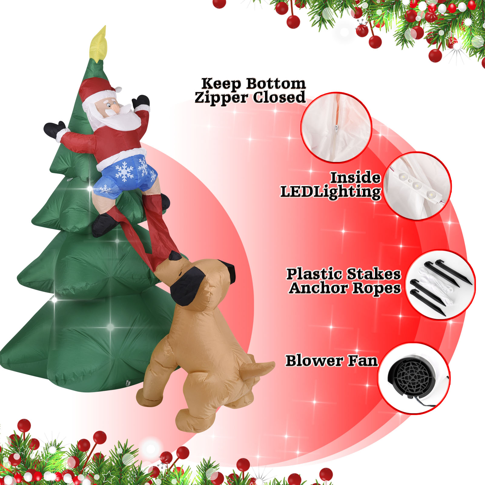 Anjing Tiup Natal dengan Santa - Lighting Tree Decor ulasan dan harga