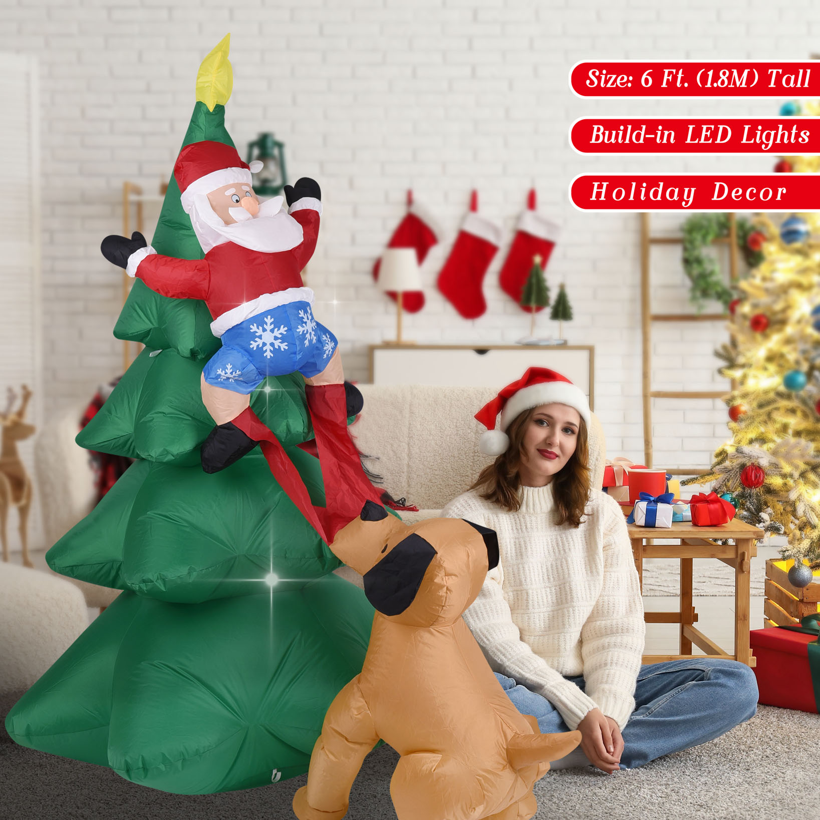 Anjing Tiup Natal dengan Santa - Lighting Tree Decor ulasan dan harga